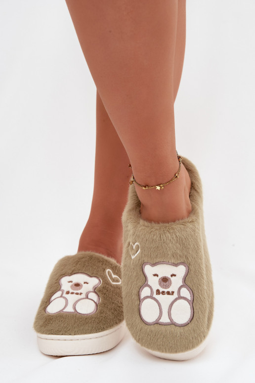 Furry Slippers With Bear Green Noralie