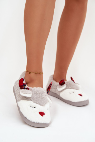Christmas Women's Slippers With Reindeer Motif Furry Gray Orsella 2