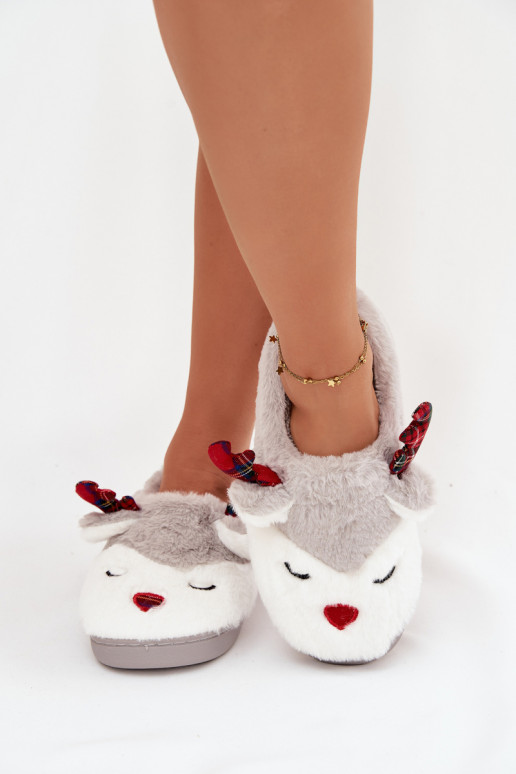 Christmas Women's Slippers With Reindeer Motif Furry Gray Orsella