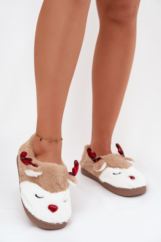 Christmas Women's Slippers With Reindeer Motif Furry Beige Orsella