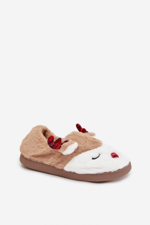 Christmas Women's Slippers With Reindeer Motif Furry Beige Orsella