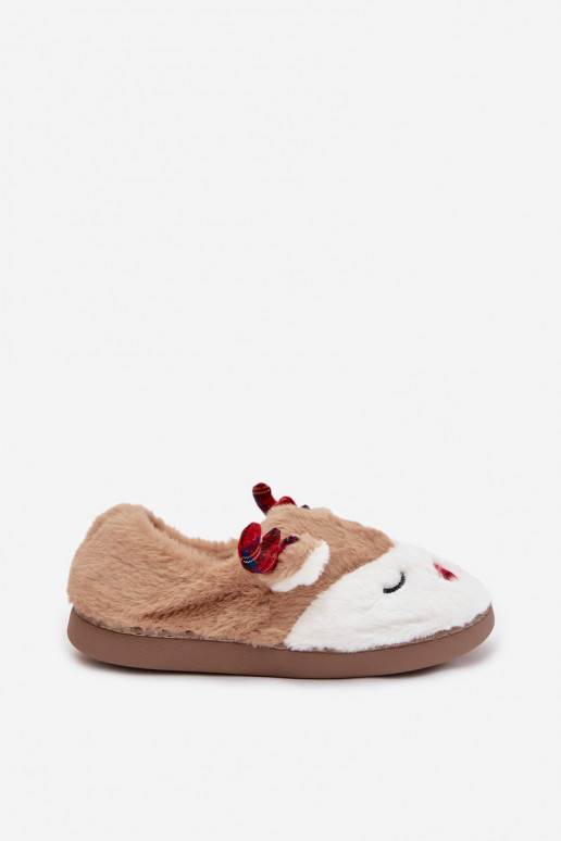 Christmas Women's Slippers With Reindeer Motif Furry Beige Orsella