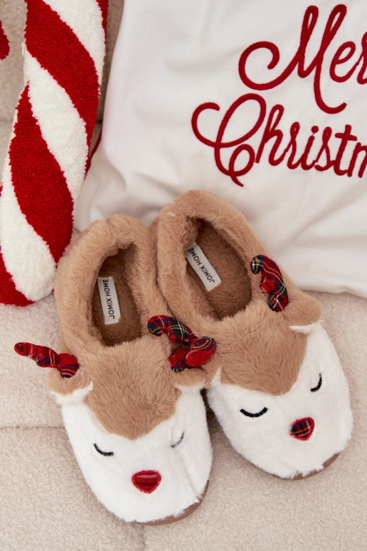 Christmas Women's Slippers With Reindeer Motif Furry Beige Orsella