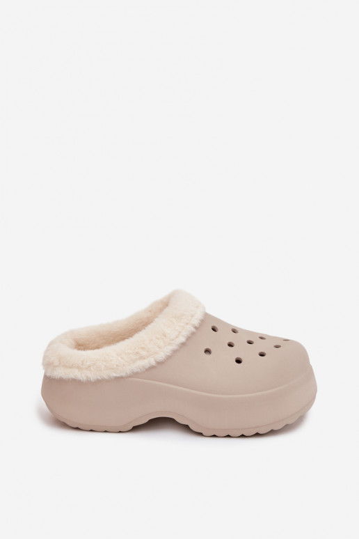 Piankowe Klapki Damskie Ocieplane Futerkiem Khaki Palvine