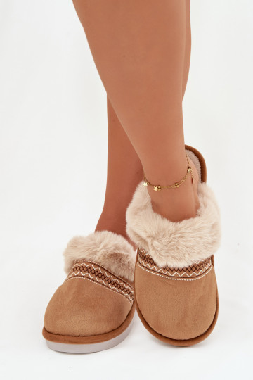 Women's slippers with fur and embroidery Camel Devianne