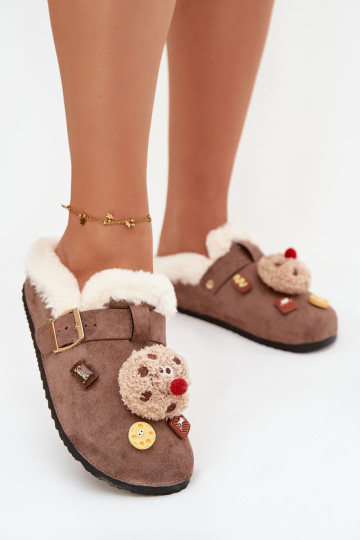 Women's slippers with decorations and buckle lined with fur brown Thalora 2