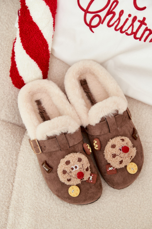 Women's slippers with decorations and buckle lined with fur brown Thalora