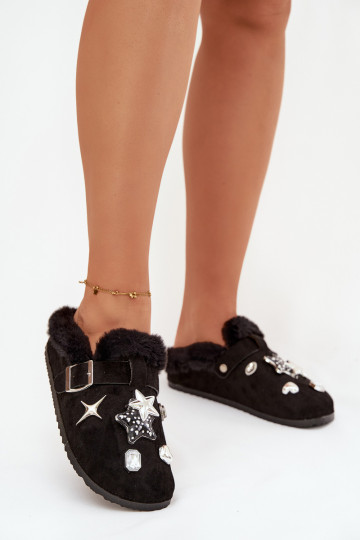 Women's slippers with decorations and buckle lined with fur black Thalora
