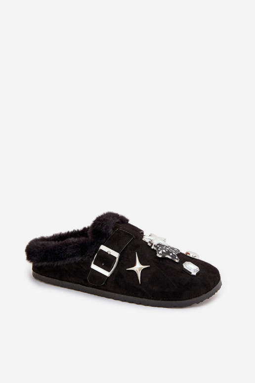 Women's slippers with decorations and buckle lined with fur black Thalora