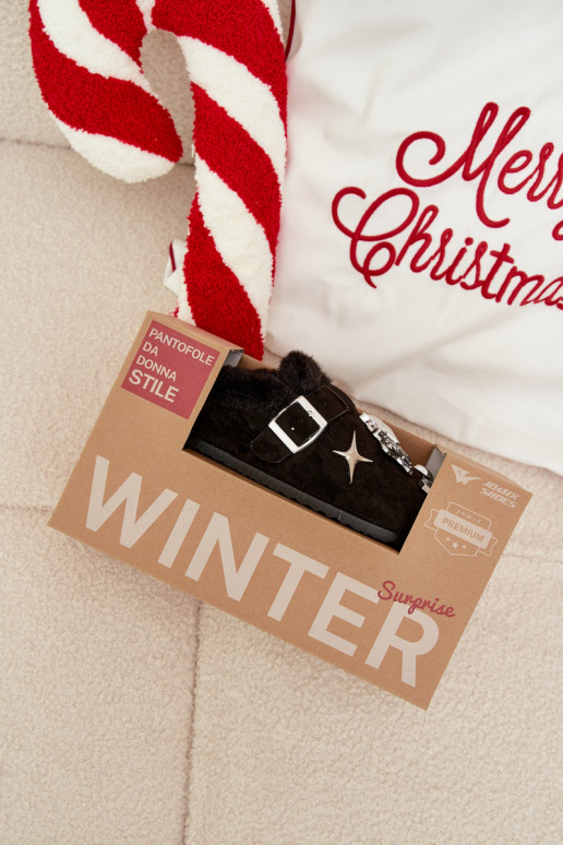 Women's slippers with decorations and buckle lined with fur black Thalora