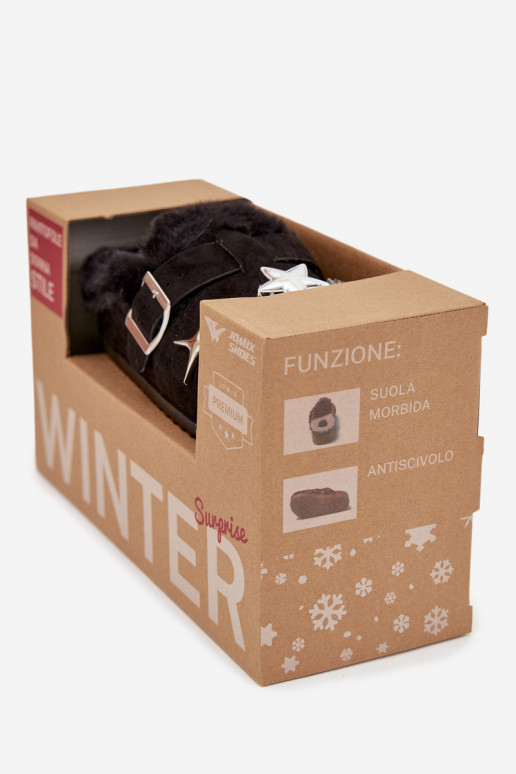 Women's slippers with decorations and buckle lined with fur black Thalora