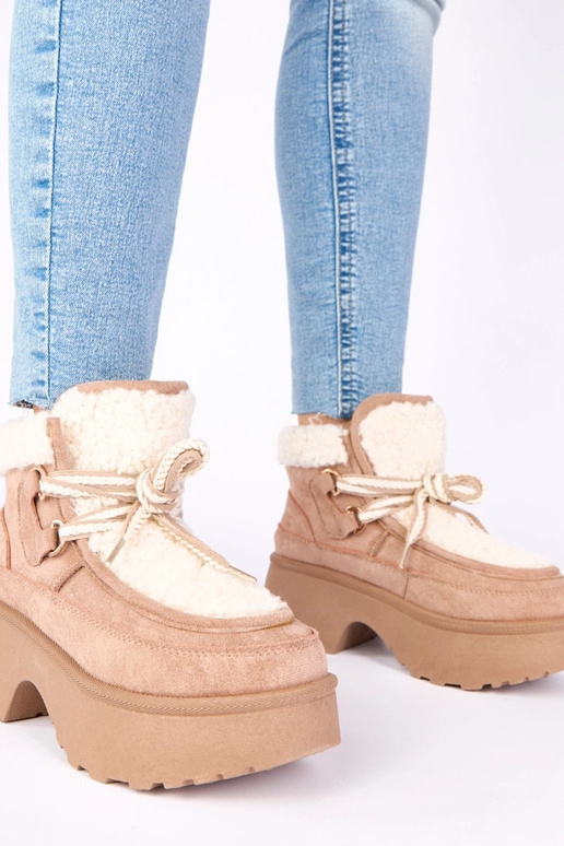 Ciemnobeżowe śniegowce z futerkiem na...