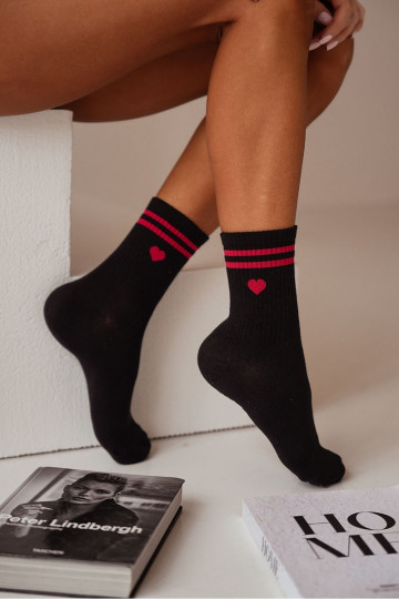 Women's Cotton Socks Heart With Stripes Black