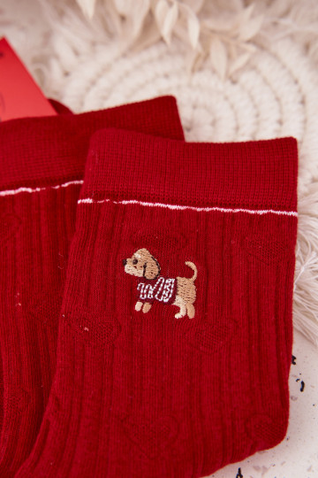Women's Christmas Socks Hearts and Puppy Red
