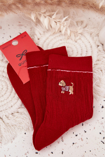 Women's Christmas Socks Hearts and Puppy Red 2