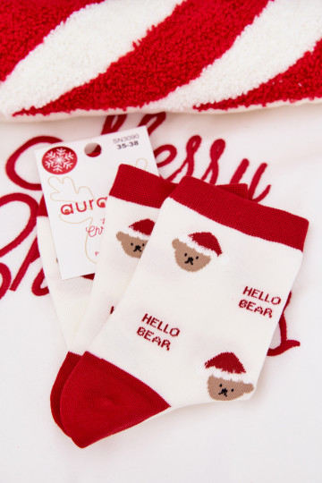 Skarpetki Damskie Świąteczne Misie W Czapce Mikołaja Białe 2