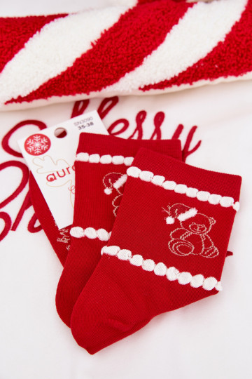 Women's Christmas Socks Bear in Santa Hat Red 2