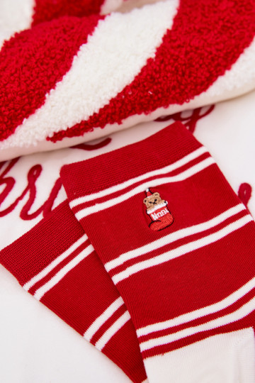Women's Christmas Socks Stripes And Bear Red