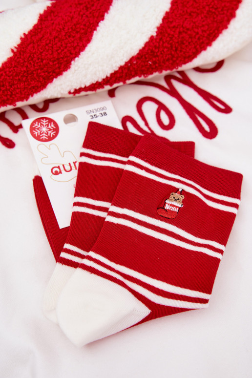 Women's Christmas Socks Stripes And Bear Red