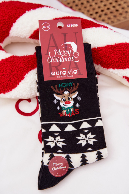 Men's Christmas Patterned Socks With Reindeer Black