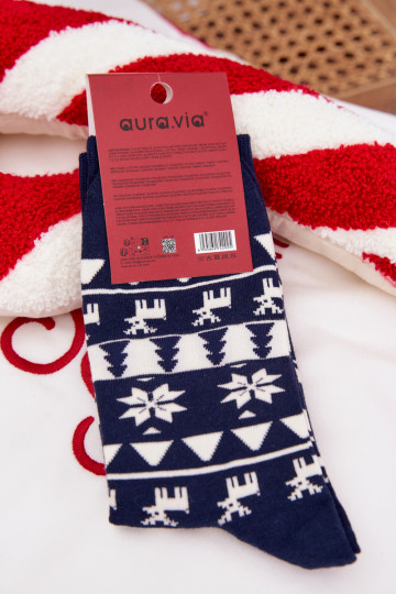 Men's Christmas Patterned Socks With Reindeer Navy Blue 2