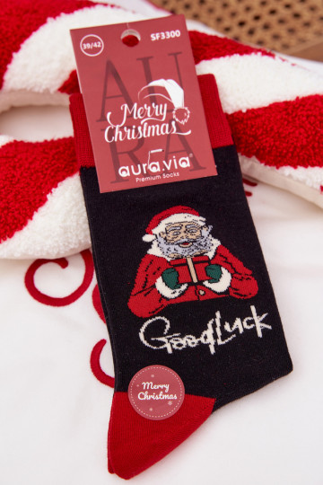 Men's Christmas Socks With Text And Smiling Santa Black