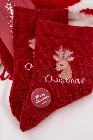 Women's Christmas Socks With Reindeer Alpaca Wool Red