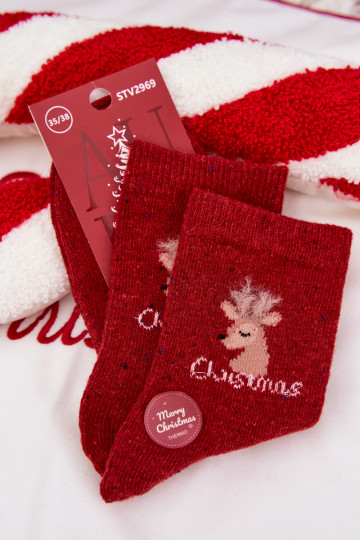 Women's Christmas Socks With Reindeer Alpaca Wool Red 2