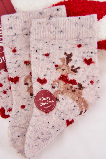 Women's Christmas Socks With Reindeer And Hearts Wool Alpaca Gray