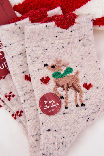 Women's Christmas Socks With Reindeer And Hearts Wool Alpaca Grey