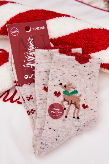 Women's Christmas Socks With Reindeer And Hearts Wool Alpaca Grey 2