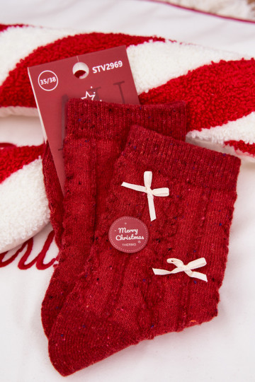 Women's Christmas Socks With Bow Decorations Alpaca Wool Red 2