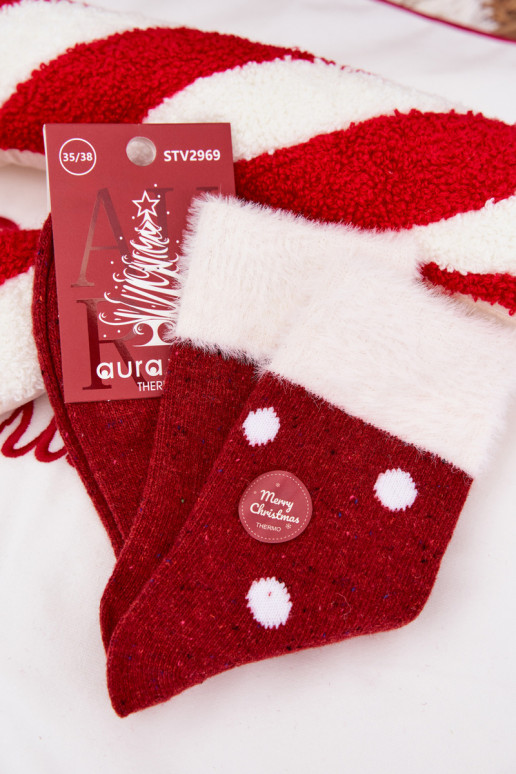 Women's Christmas Socks With Fur And Dots Alpaca Wool Red