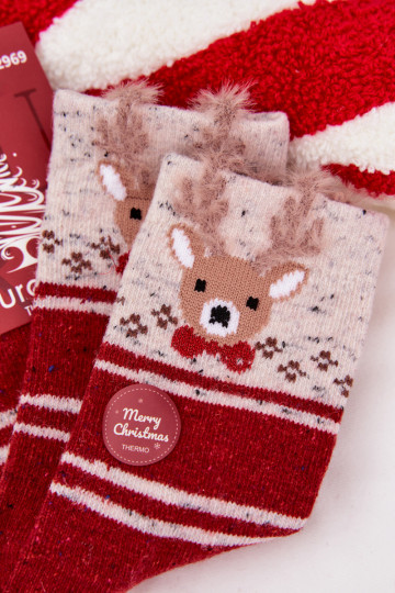 Women's Christmas Socks With Reindeer And Stripes Wool Alpaca Red