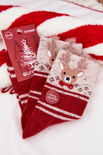 Women's Christmas Socks With Reindeer And Stripes Wool Alpaca Red 2