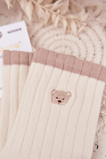 Women's Cotton Socks With Small Bear Ecru