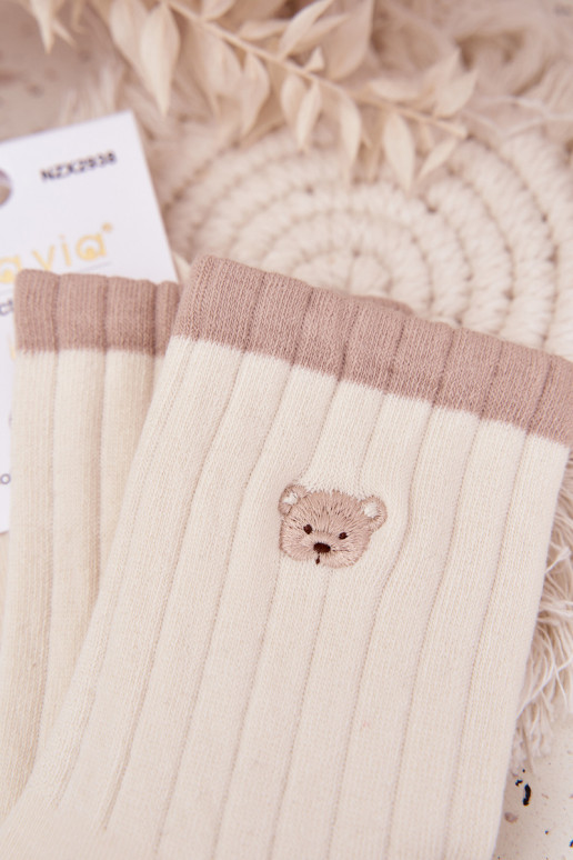 Women's Cotton Socks With Small Bear Ecru