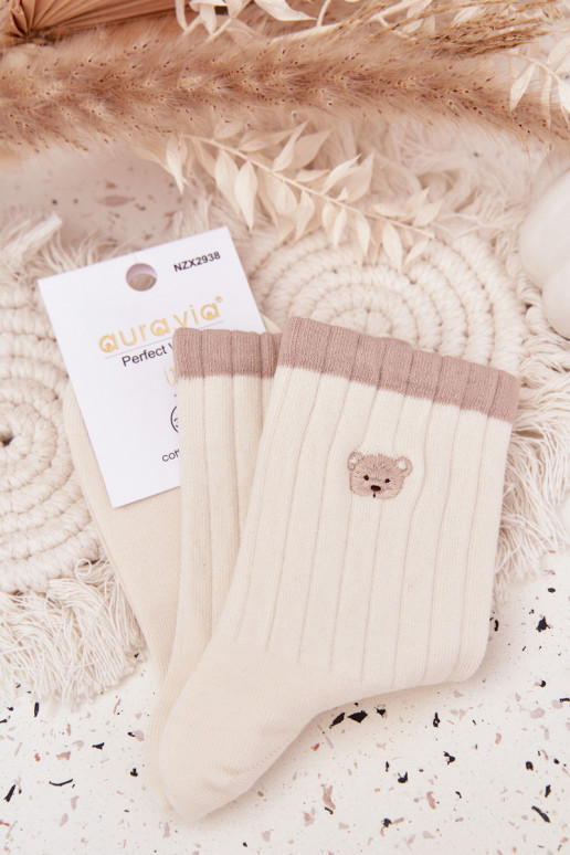 Women's Cotton Socks With Small Bear Ecru