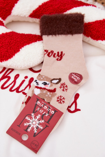 Christmas Children's Socks With Fur And Reindeer Alpaca Wool Beige 2