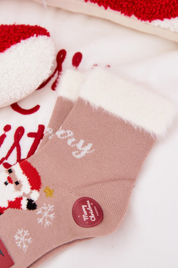 Christmas Children's Socks With Fur And Santa Wool Alpaca Dark Beige
