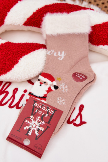 Christmas Children's Socks With Fur And Santa Wool Alpaca Dark Beige 2