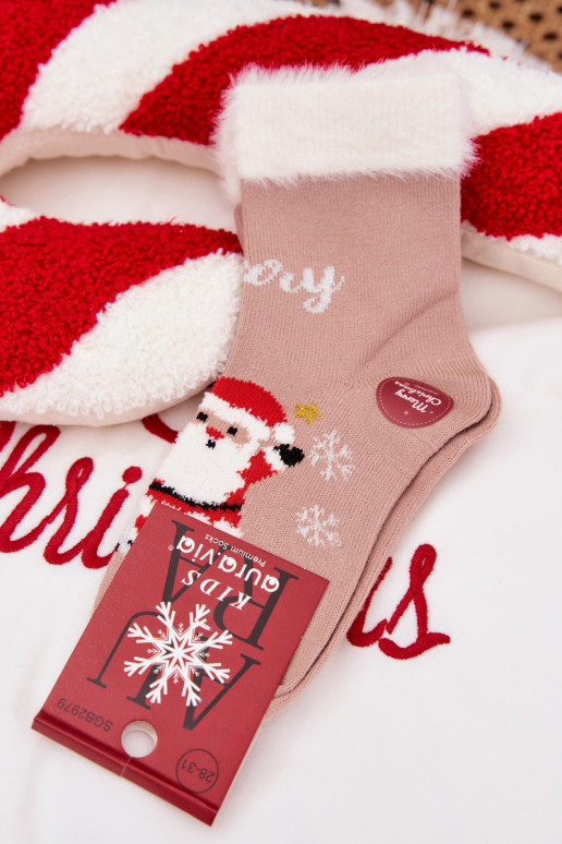 Christmas Children's Socks With Fur And Santa Wool Alpaca Dark Beige