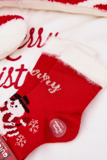 Children's Christmas Socks with Fur and Snowman Wool Alpaca Red