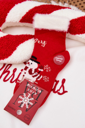 Children's Christmas Socks with Fur and Snowman Wool Alpaca Red 2