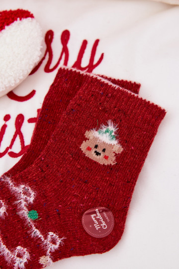 Kids Christmas Socks With Bear Alpaca Wool Red