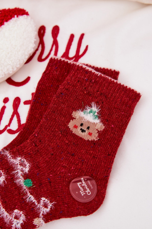 Kids Christmas Socks With Bear Alpaca Wool Red