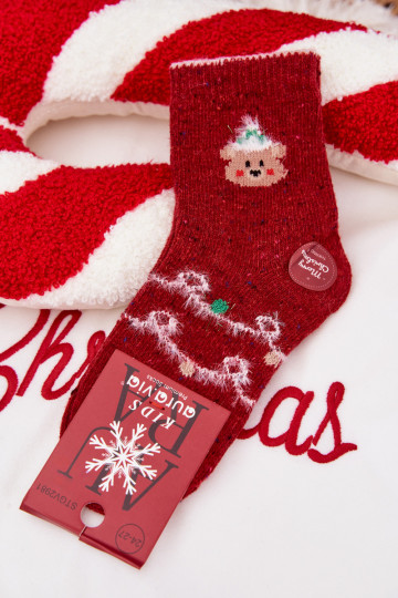 Kids Christmas Socks With Bear Alpaca Wool Red 2