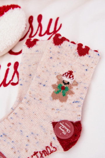 Children's Christmas Socks With Bear And Hearts Alpaca Wool Beige