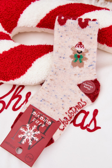 Children's Christmas Socks With Bear And Hearts Alpaca Wool Beige 2