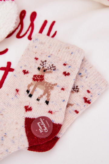 Children's Christmas Socks With Reindeer Wool Alpaca Beige